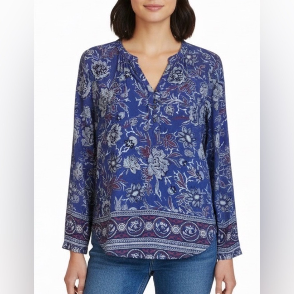 Lucky Brand Blue Floral Paisley Print V-Neck Tassel Blouse Bohemian Top Size M